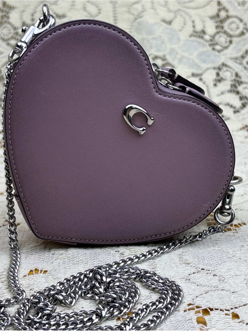 Coach Purple Heart Crossbody Bag with Silver Chain